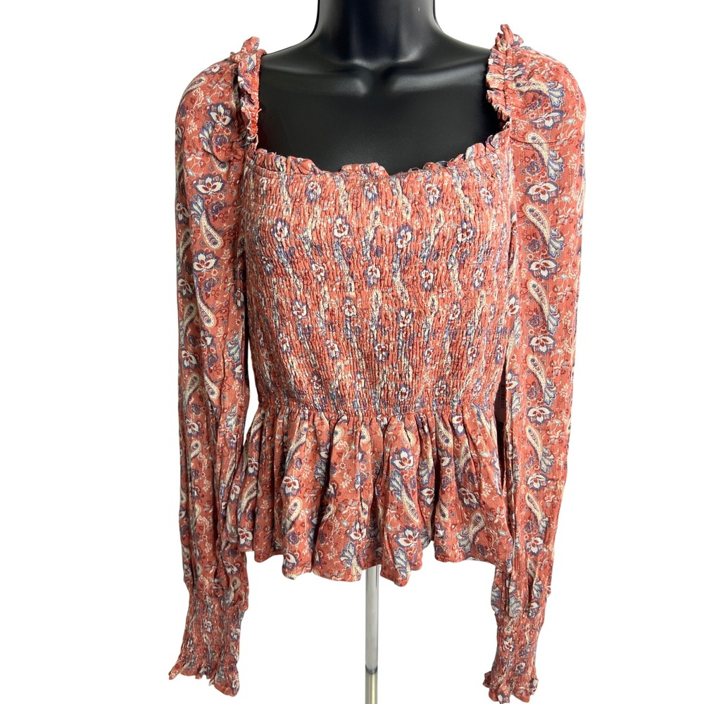 Aqua Luxe Floral Paisley Print Smocked Peplum Top Square Neck Long Sleeve Blouse